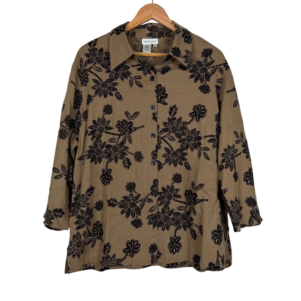 Coldwater Creek Button Up Shirt Womens L Tan Black Floral Beaded Linen Blend‎